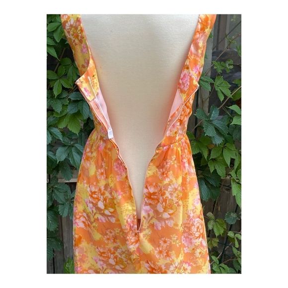 1950s Chiffon Formal Gown Dress Maxi Floral Tangerine Pink Yellow Sleeveless - Picture 8 of 16